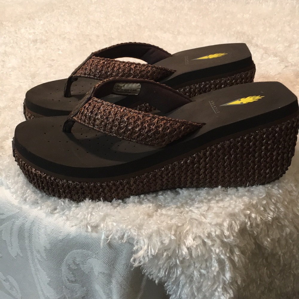 Volatile Brown Wedge Open Back Sandals
